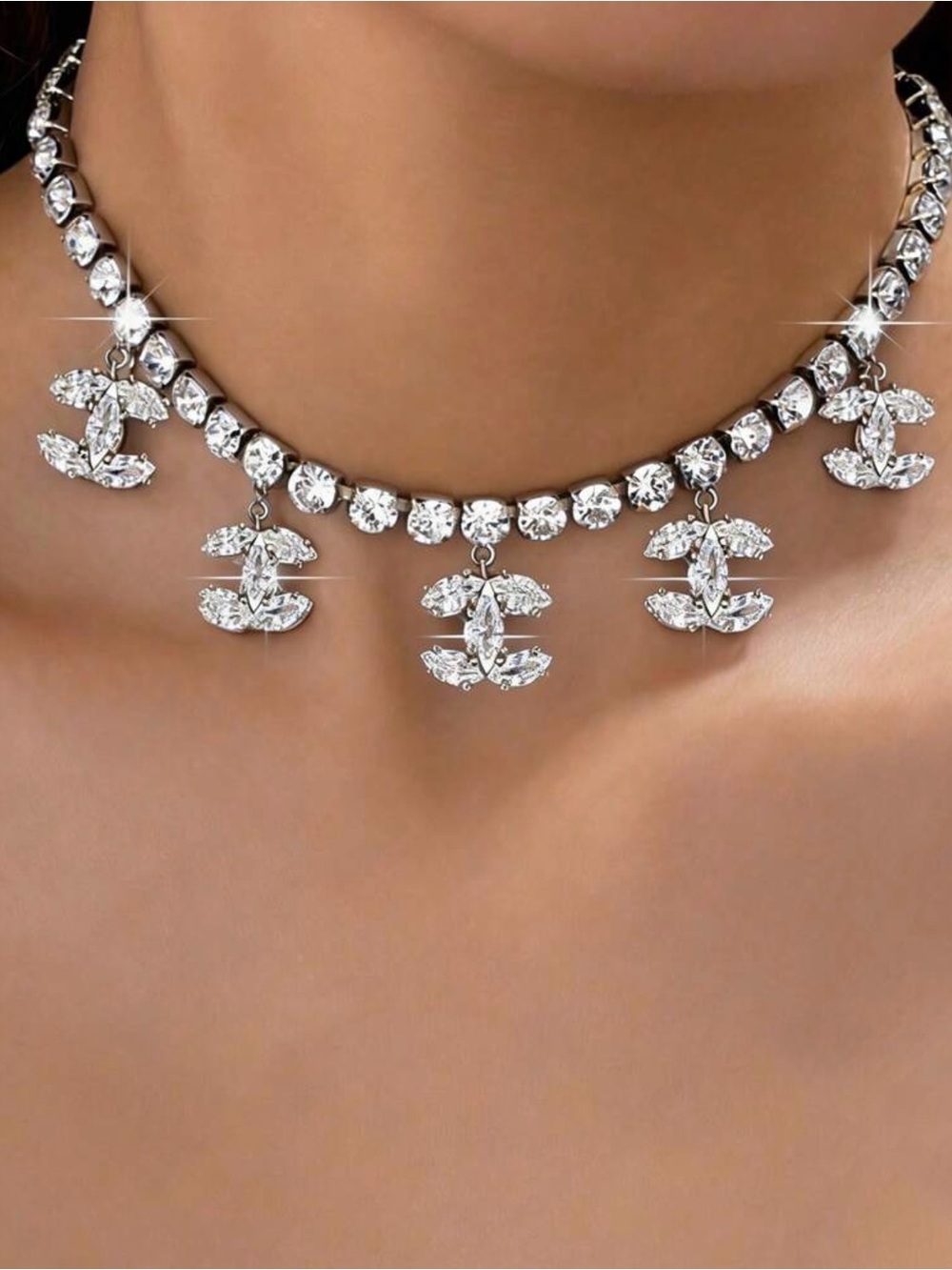 Crystal Charm Silver Choker Necklace - Women's Jewelry - Picture 4 of 4